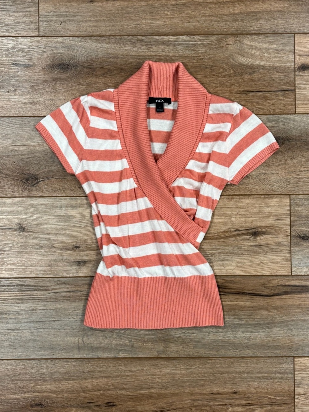 BCX Y2k Striped Short Sleeve Casual Chic Wrap Knit Sweater Top | Size Small